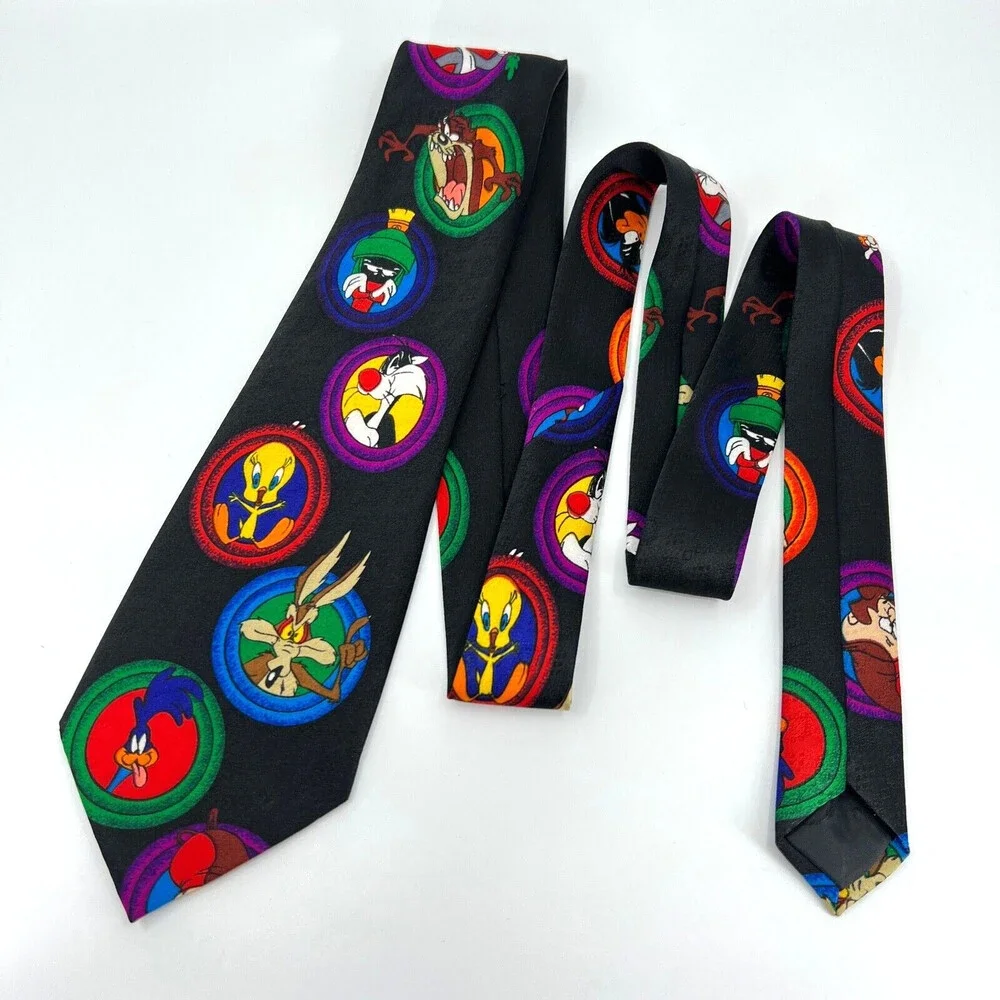 Vintage Looney Tunes Mania‎ Necktie Mens Black Shirt Tie Cartoon Taz Tweety Wile